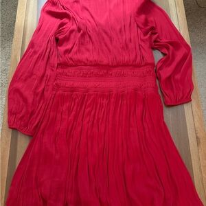 Nine West Red Smocked Mock Neck Dress with Bishop Sleeves